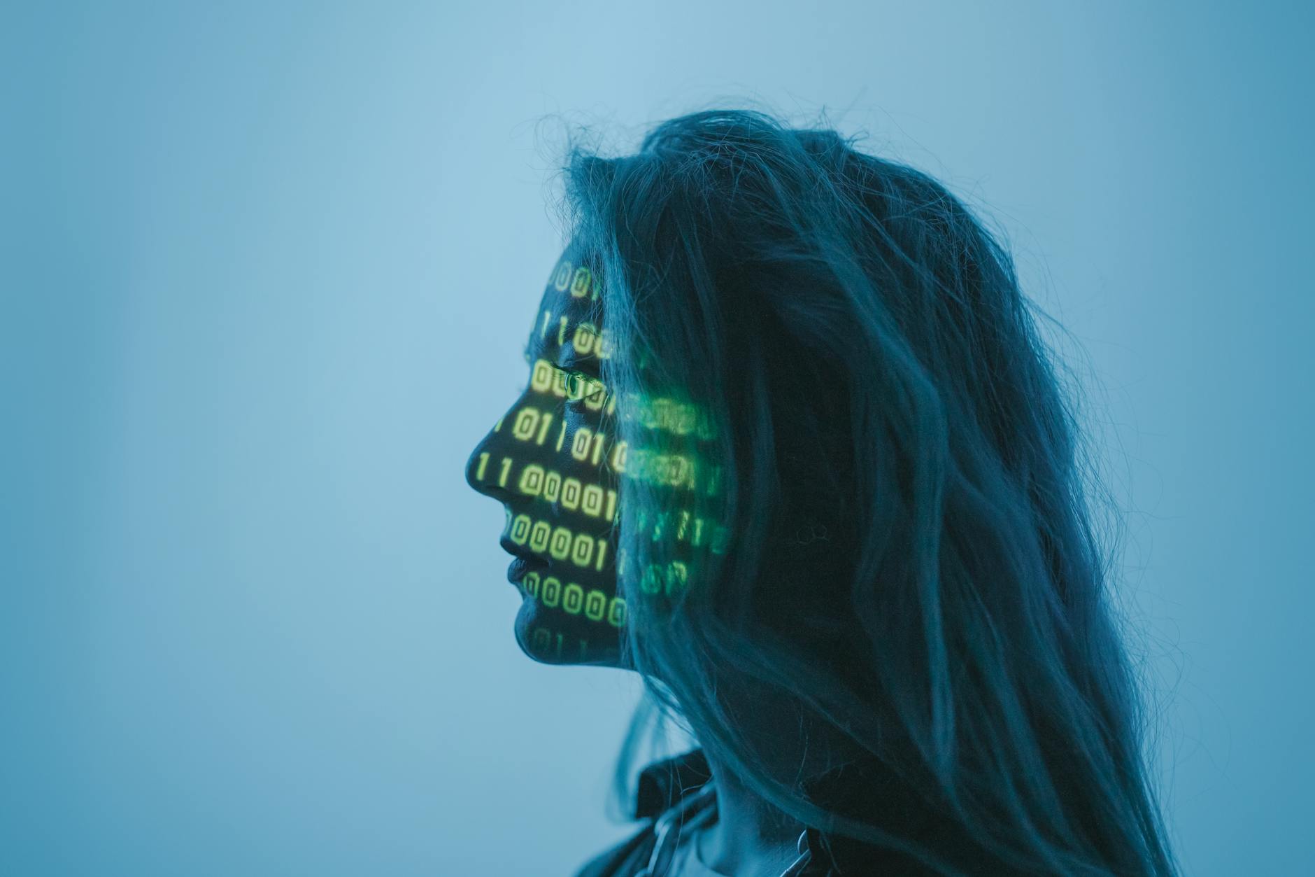 Woman with digital technology interface overlaid on her face representing AI connection